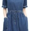 Modern Casual Denim Dress for Women Short Sleeve Mid Length Waist Cowboy Style Dress