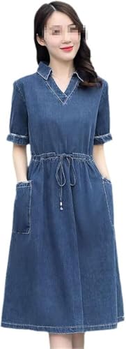 Modern Casual Denim Dress for Women Short Sleeve Mid Length Waist Cowboy Style Dress
