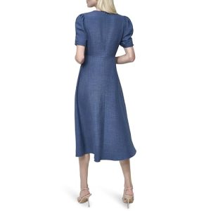 Women's Short Sleeve Button Front Fit & Flare Midi Dress
