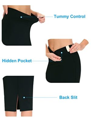 Women's High Waist Tummy Control Pencil Skirts Stretchy Bodycon Midi Skirt Below Knee with Back Slit