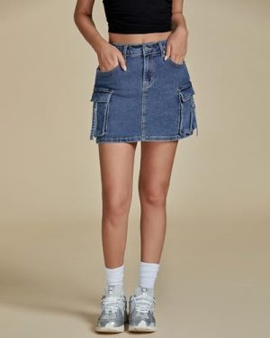 Jean Skirts for Women Denim Stretchy Cargo High Waisted Trendy Y2K Mini Skirt with Utility Pockets