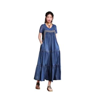 Loose Denim Long Skirt, Retro Embroidered Oversized Dress