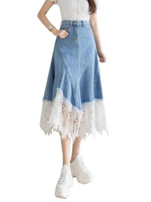 Lace ​​Denim Skirt for Women Summer Waist Midlength Retro Irregular