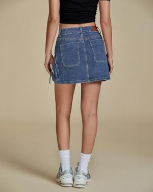Jean Skirts for Women Denim Stretchy Cargo High Waisted Trendy Y2K Mini Skirt with Utility Pockets
