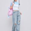 Women’s Ripped Jeans High Waisted Distressed Baggy Straight Wide Leg Pants