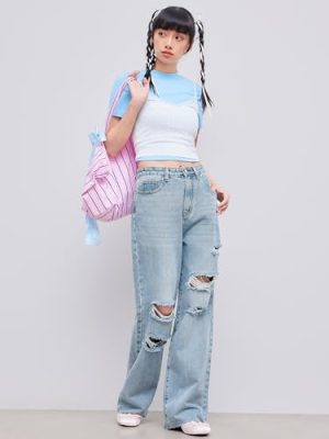 Women’s Ripped Jeans High Waisted Distressed Baggy Straight Wide Leg Pants