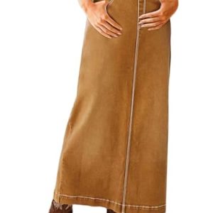 Straigh High Rise Vintage Split Back Contrast Stitch Detail Denim Skirt