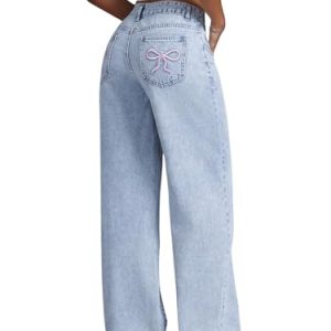 Women's Bowknot Embroidery Jeans Y2k Straight Leg Boyfriend Denim Pants