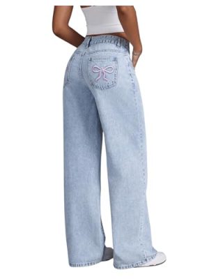 Women's Bowknot Embroidery Jeans Y2k Straight Leg Boyfriend Denim Pants