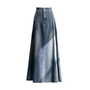 Waisted Retro Blue Denim Skirt for Womens Autumn Clothes Design Draped and Slim Midlength