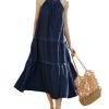 Women's Blue Long Dress, Summer Denim Halter Neck Sleeveless Beach Vacation Casual Mid Dress