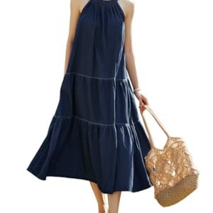 Women's Blue Long Dress, Summer Denim Halter Neck Sleeveless Beach Vacation Casual Mid Dress