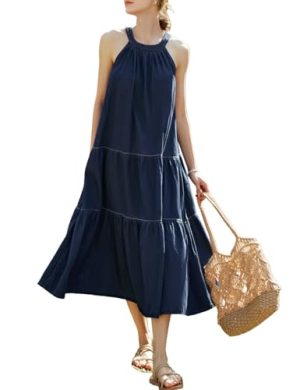 Women's Blue Long Dress, Summer Denim Halter Neck Sleeveless Beach Vacation Casual Mid Dress