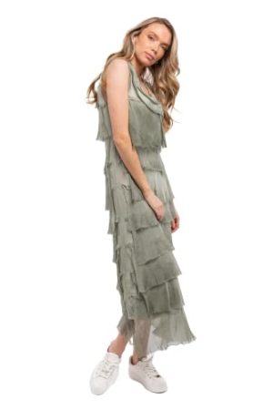 Women's Frayed Silk Ruffle-Layered Maxi Dress