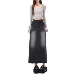 French Denim Skirt Womens Spring and Autumn Waist Slim Fish Long