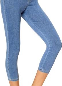 Women's Classic Denim Capri Leggings with Pockets, Comfortable Stretch Pull on Pants