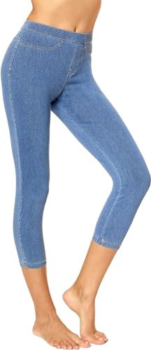 Women's Classic Denim Capri Leggings with Pockets, Comfortable Stretch Pull on Pants