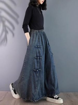 Retro Chinese Style Buckle Denim Skirt for in Spring and Autumn Waist Large Size Slim Long Swaying