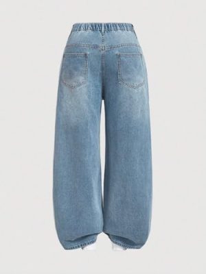 High Waist Wide Leg Jeans, Light Blue Denim, Elastic Waistband, Baggy Fit