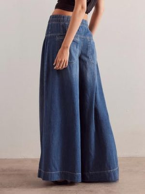 Women's Baggy Wide Leg Denim Pants Drawstring Midi Waisted Flare Jeans Ruffle Pleated Button Jeans
