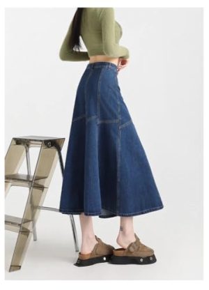 Denim Skirt Womens Blue Long Waisted Slim Large Pleated