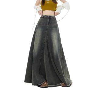 Retro Black Denim Skirt for Women in Spring and Autumn Fat pearshaped Midlength Fishtail