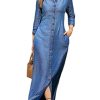 Womens Casual Button Down Denim Maxi Dress Lapel Long Sleeve Long Jean Dresses with Pockets