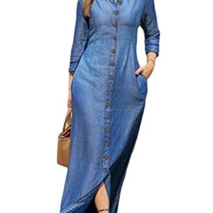 Womens Casual Button Down Denim Maxi Dress Lapel Long Sleeve Long Jean Dresses with Pockets