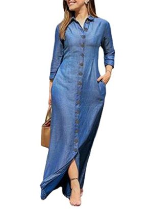 Womens Casual Button Down Denim Maxi Dress Lapel Long Sleeve Long Jean Dresses with Pockets