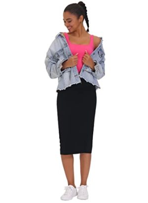 Women's High Waist Tummy Control Pencil Skirts Stretchy Bodycon Midi Skirt Below Knee with Back Slit