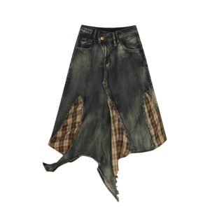 Women's Plaid Denim Skirt, Asymmetric Patchwork High Waist Skirt