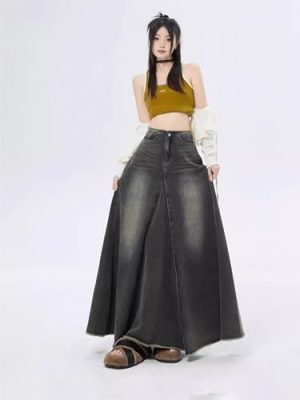 Retro Black Denim Skirt for Women in Spring and Autumn Fat pearshaped Midlength Fishtail