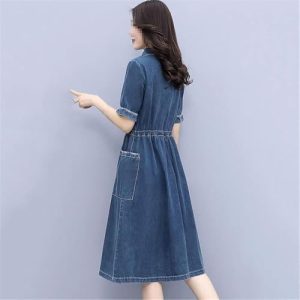 Modern Casual Denim Dress for Women Short Sleeve Mid Length Waist Cowboy Style Dress