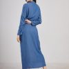 Womens Casual Button Down Denim Maxi Dress Lapel Long Sleeve Long Jean Dresses with Pockets