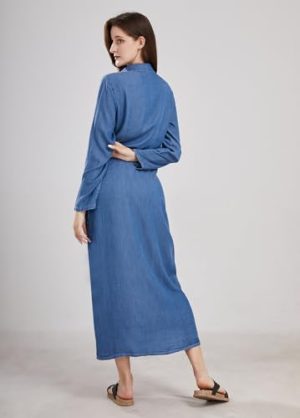 Womens Casual Button Down Denim Maxi Dress Lapel Long Sleeve Long Jean Dresses with Pockets