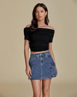 Jean Skirts for Women Denim Stretchy Cargo High Waisted Trendy Y2K Mini Skirt with Utility Pockets