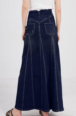 Women's Retro Exposure Button-Fly Packaged Hip A-Line Maxi Long Denim Skirt