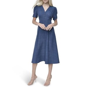 Women's Short Sleeve Button Front Fit & Flare Midi Dress