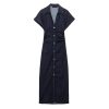 Womens Denim Shirt Dress Short Sleeve Long Ruched Bodycon Casual Elegant Midi Jean Dress