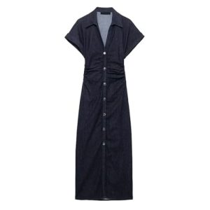 Womens Denim Shirt Dress Short Sleeve Long Ruched Bodycon Casual Elegant Midi Jean Dress