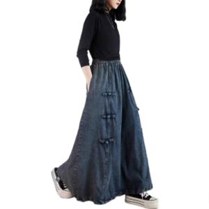Retro Chinese Style Buckle Denim Skirt for in Spring and Autumn Waist Large Size Slim Long Swaying