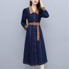 Long Sleeve Denim Shirt Dress for Women Modern Casual Single Breasted Long Dresses