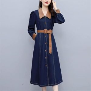 Long Sleeve Denim Shirt Dress for Women Modern Casual Single Breasted Long Dresses