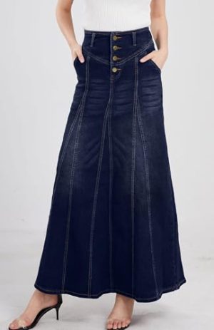 Women's Retro Exposure Button-Fly Packaged Hip A-Line Maxi Long Denim Skirt