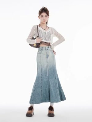 French Denim Skirt Womens Spring and Autumn Waist Slim Fish Long