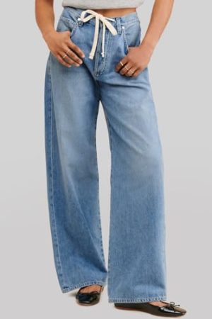 Womens Baggy Wide Leg Jeans Boyfriend Drawstring High Waisted Mom Denim Pants with Pockets
