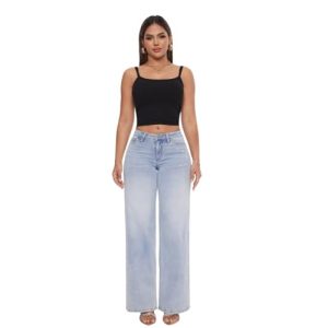 Mid-Low Rise Baggy Jeans Wide Leg for Women Distressed Pants Stretchy Bottom Lady Basic Comfortable Denim