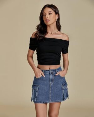 Jean Skirts for Women Denim Stretchy Cargo High Waisted Trendy Y2K Mini Skirt with Utility Pockets
