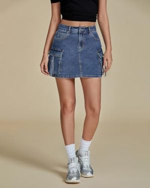 Jean Skirts for Women Denim Stretchy Cargo High Waisted Trendy Y2K Mini Skirt with Utility Pockets