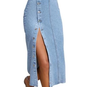 Trendy High Waisted Denim Skirt for Women Button Front Slit Midi Skirt for Ladies Fashion 2025 Summer
